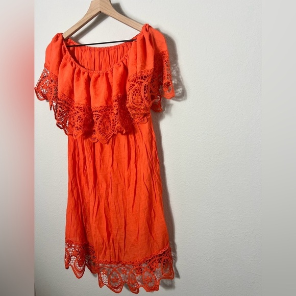 EUC Bright Orange Off Shoulder Lace Swim Beach Coverup Dress, Size Medium - Picture 3 of 9